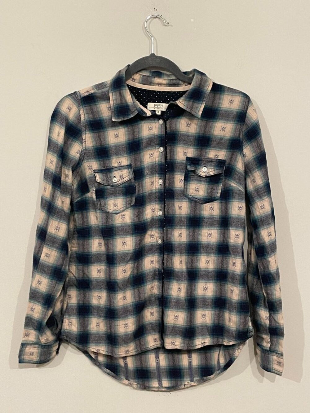 Papaya Weekend Plaid Button-Down Shirt UK 14 US 10 Blue Green Polka Dot